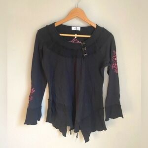 Symmetry Embroidered Asymmetrical Drape Black Top Medium Whimsygoth Grunge Fairy